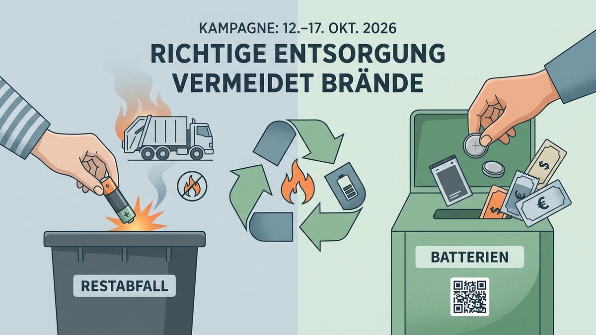 Batterien richtig entsorgen vermeidet Brände, Müllwagen, Recycling-Symbol mit Flamme und Sammelbox.