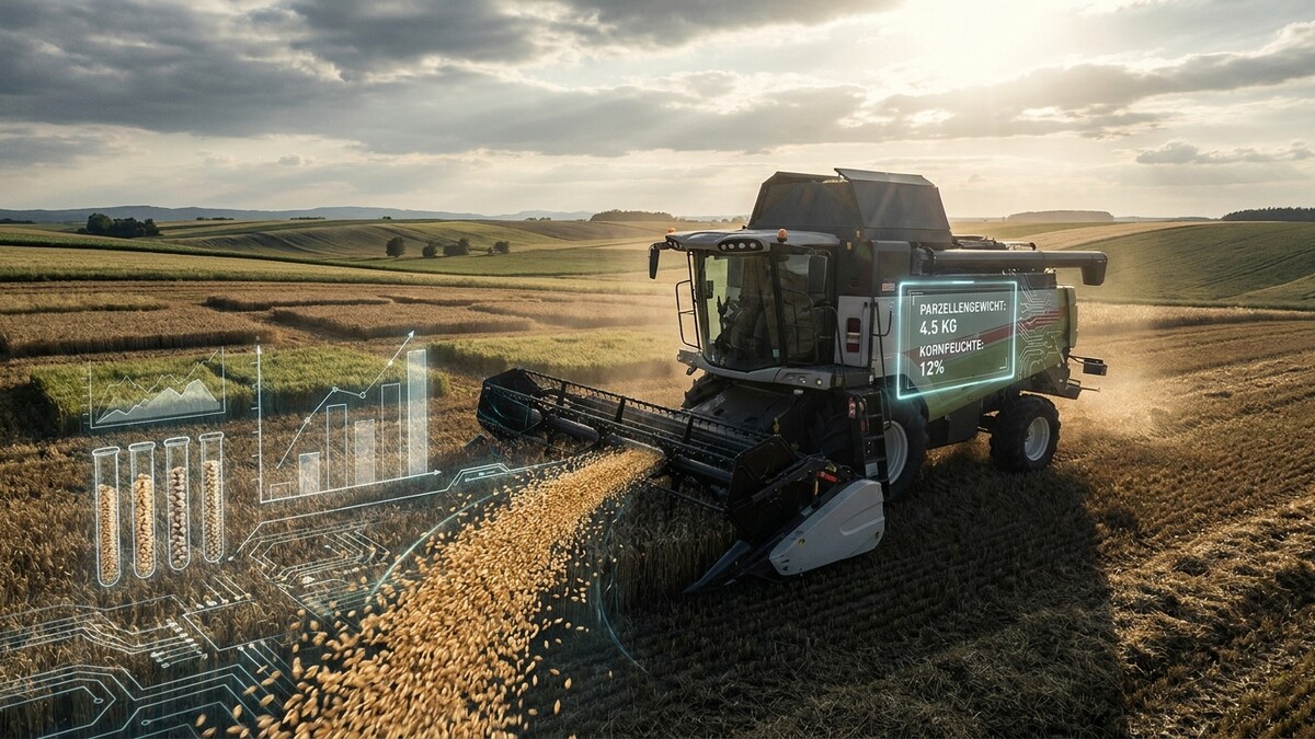 Mähdrescher mit digitaler Anzeige von Parzellengewicht und Kornfeuchte im Feld