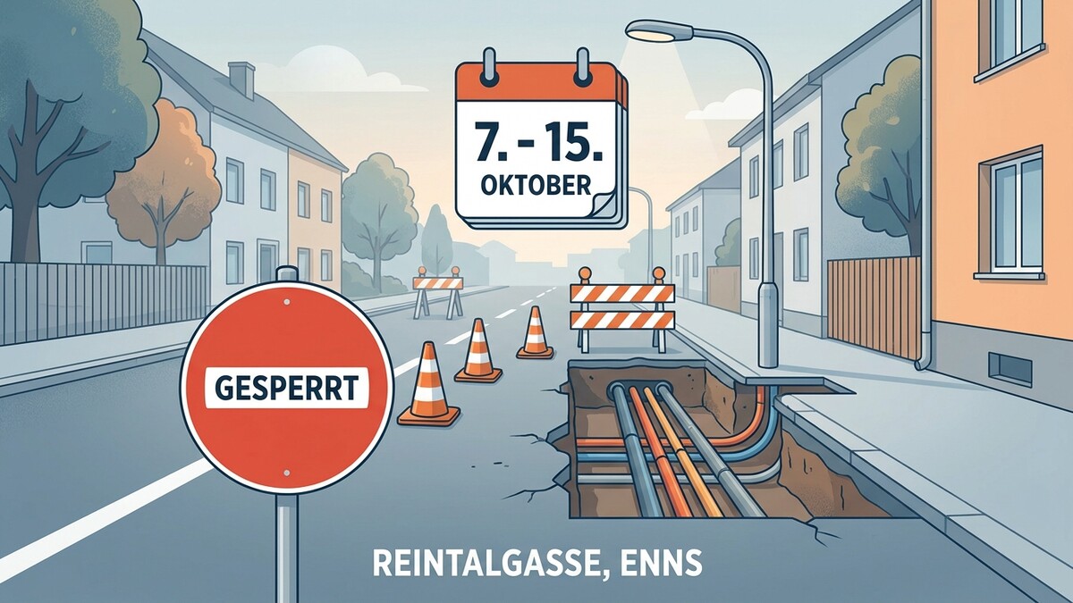 Straßensperre Reintalgasse, Enns mit Kalender 7.-15. Oktober und Kabelarbeiten