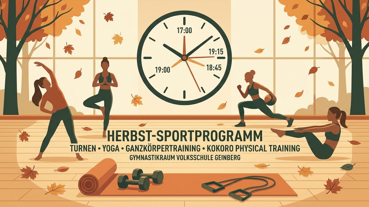 Herbst-Sportprogramm mit Frauen beim Yoga und Training im Turnsaal der Volksschule Geinberg