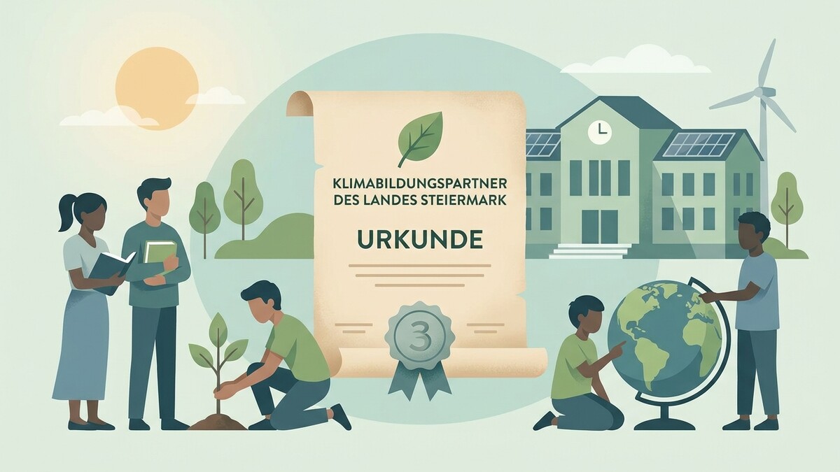 Urkunde Klimabildungspartner Steiermark mit Schülern und Schulgebäude
