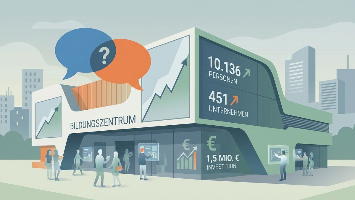 Grafik eines modernen Bildungszentrums mit Statistiken und Personen