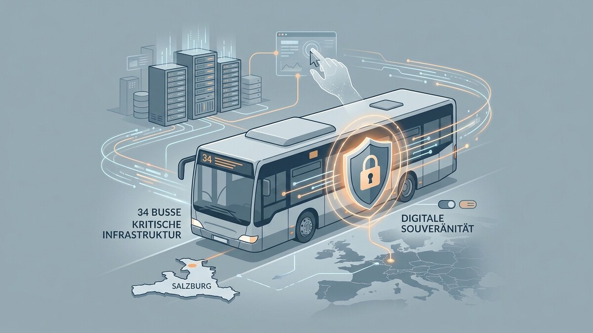 Busse kritische Infrastruktur Salzburg digitale Souveränität mit Schutzschild und Servern