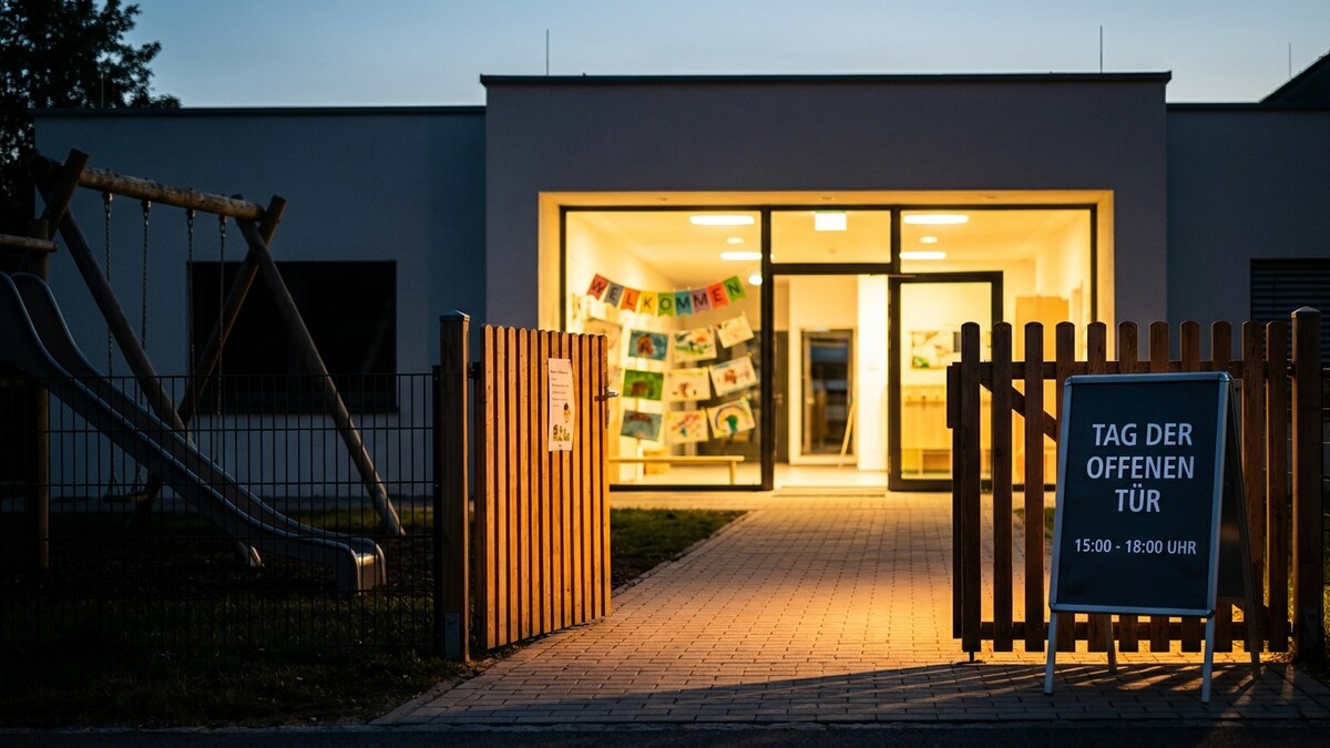 Tag der offenen Tür vor einem Kindergarten mit Spielplatz und Willkommensbanner