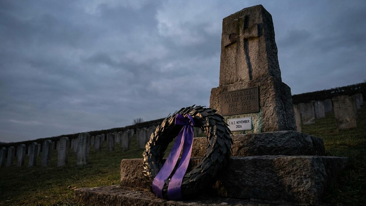Kranz vor Gedenkstein mit Kreuz und Inschrift auf Soldatenfriedhof