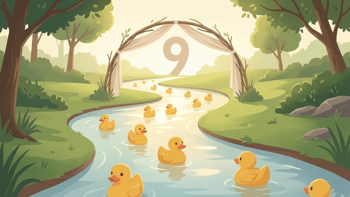 Gummienten auf einem Fluss unter einem Torbogen mit der Zahl 9