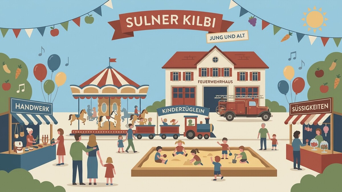 Sulner Kilbi mit Jahrmarkt, Kinderkarussell, Feuerwehrauto und Süßigkeitenstand