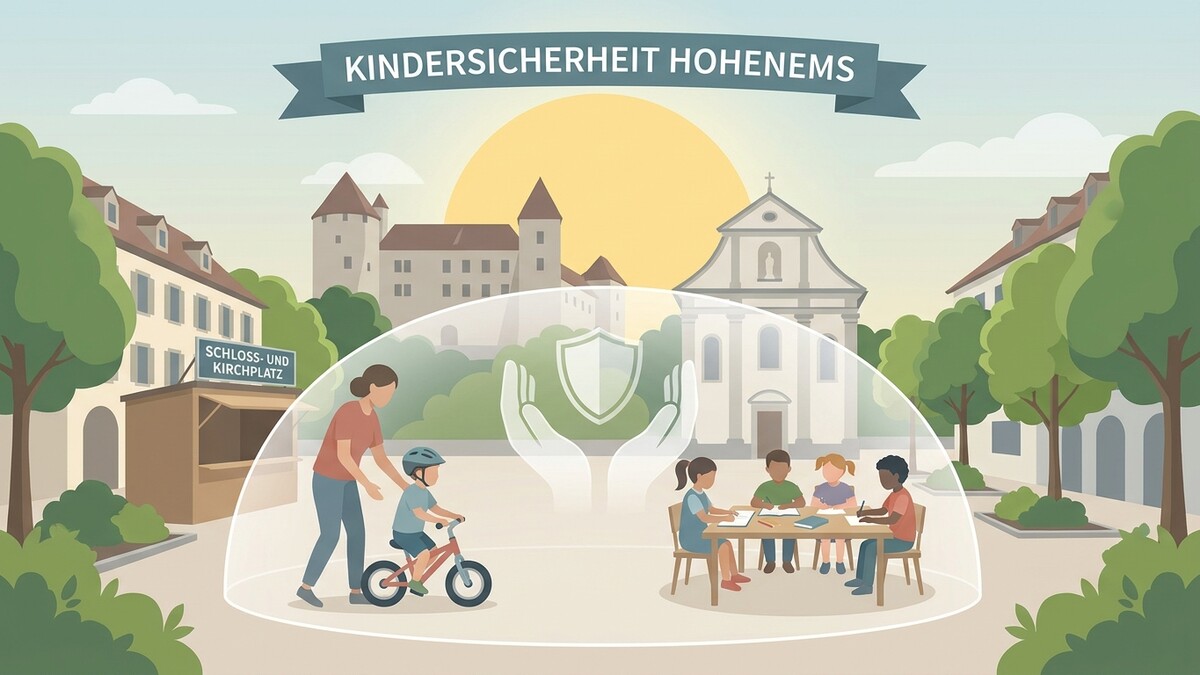 Kindersicherheit Hohenems: Frau lehrt Jungen Radfahren, Kinder lernen am Schloss- und Kirchplatz.