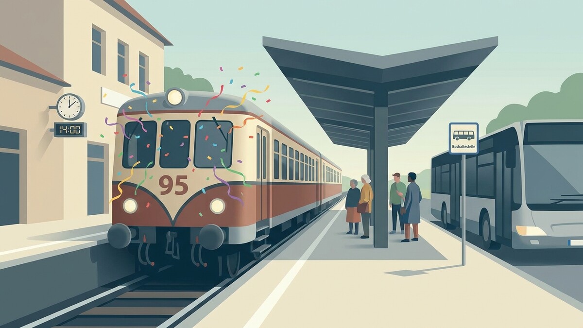 Zug 95 mit Konfetti fährt in Bahnhof ein, Leute warten am Bahnsteig und Bus.