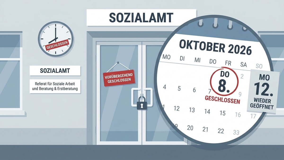 Sozialamt geschlossen: Uhr, Tür mit Schild und Kalenderblatt Oktober 2026
