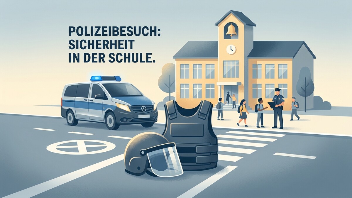 Polizeieinsatz vor Schulgebäude mit Polizist, Kindern und Streifenwagen.