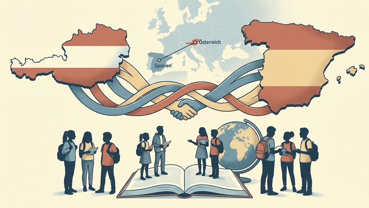 Österreich und Spanien-Umrisse mit Flaggen und Bändern, die sich über Händeschütteln erstrecken.