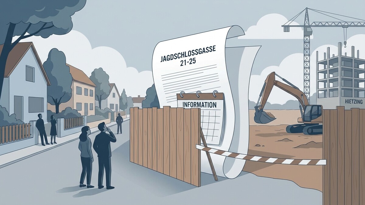 Jagdschlossgasse 21-25: Bauprojekt mit Bagger, Kran und Informationsblatt in Hietzing