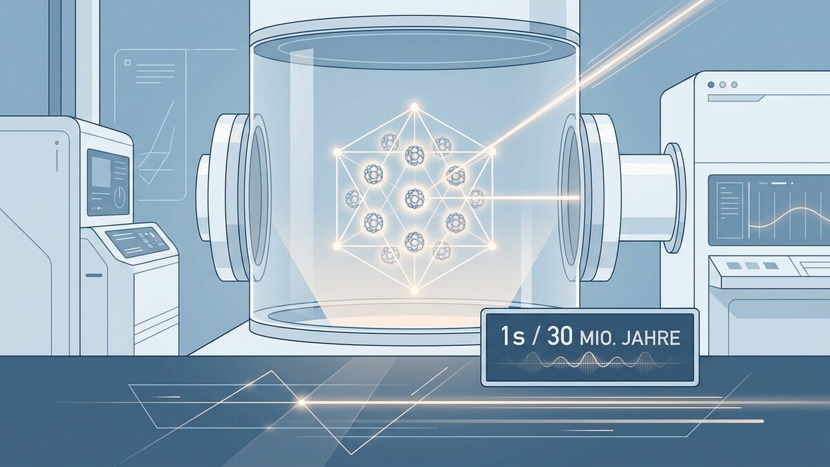 Quantencomputer-Experiment mit Atomen in einem Vakuumbehälter, Laserstrahlen und Messgeräten