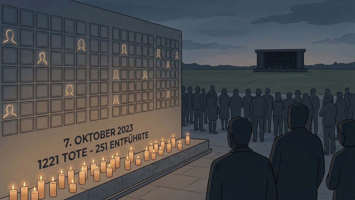 Gedenkmauer für 7. Oktober 2023 mit 1221 Toten und 251 Entführten, Kerzen und Menschenmenge