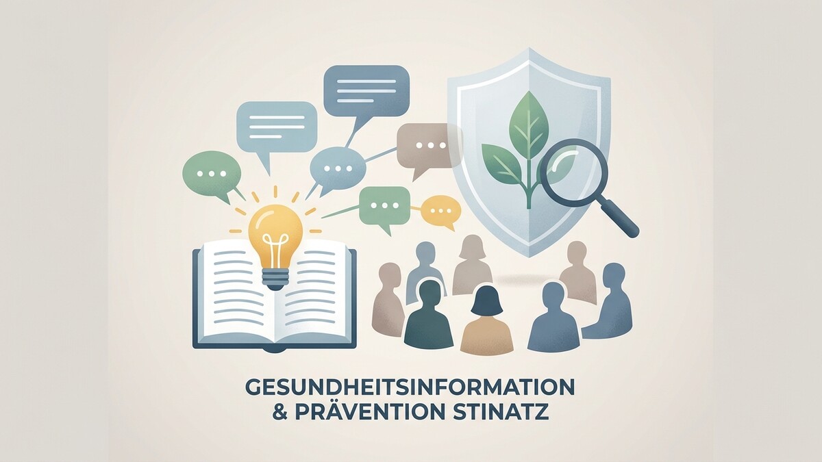Gesundheitsinformation & Prävention Stinatz: Buch mit Glühbirne, Sprechblasen, Schild mit Pflanze und Lupe