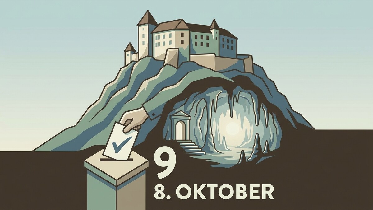 Wahl 9. Oktober: Burg auf Berg mit Höhle und Wahlurne