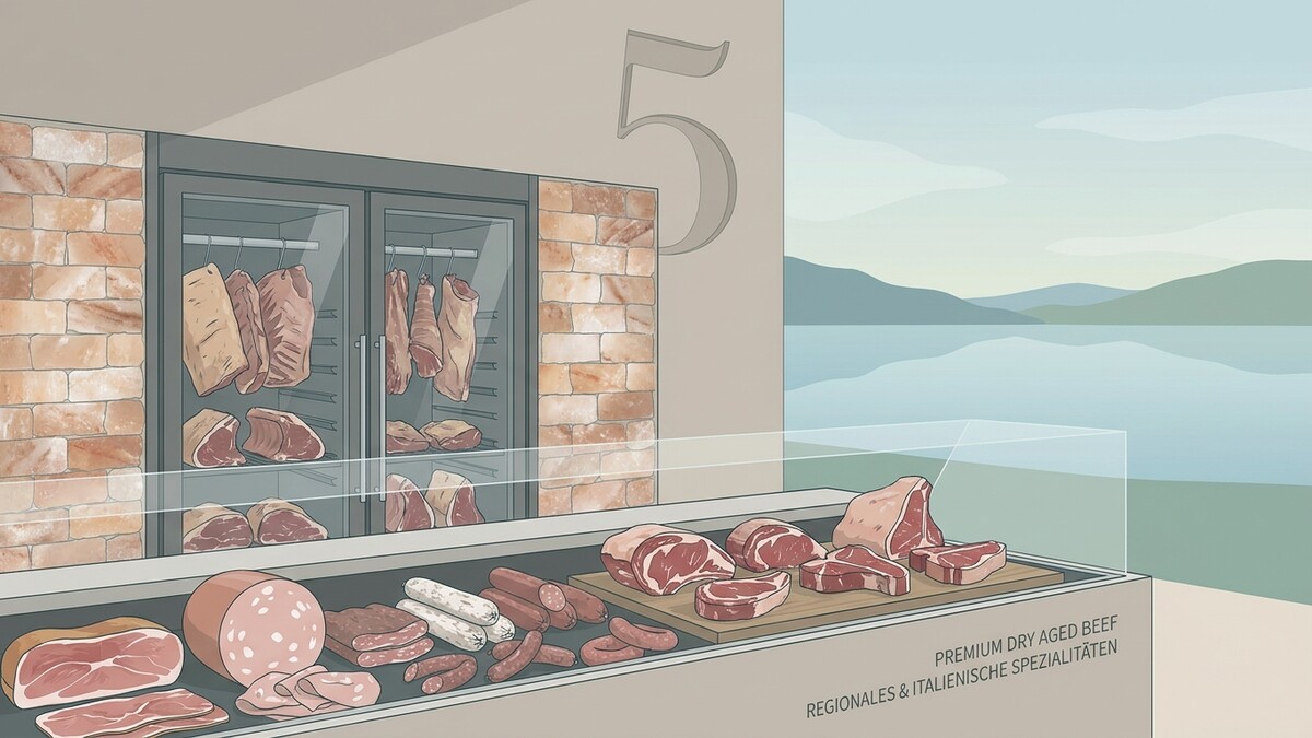 Fleischerei mit Dry Aged Beef und Wurstwaren vor See- und Bergkulisse