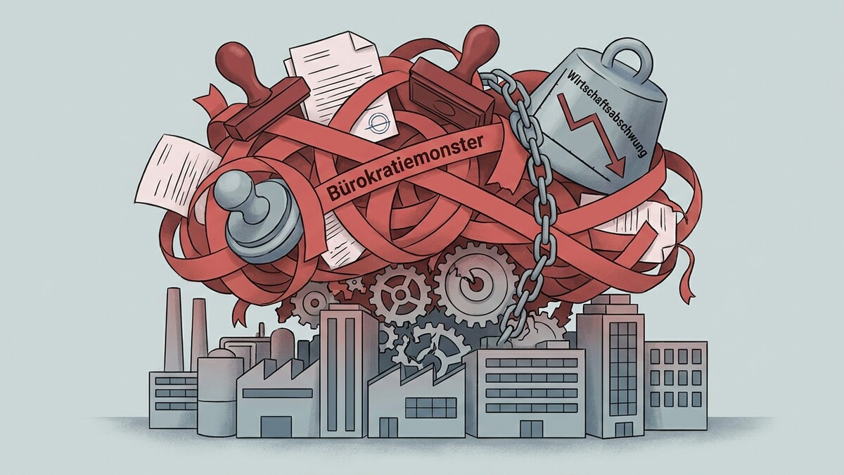 Bürokratiemonster mit Wirtschaftsabschwung-Gewicht über Fabriken und Zahnrädern