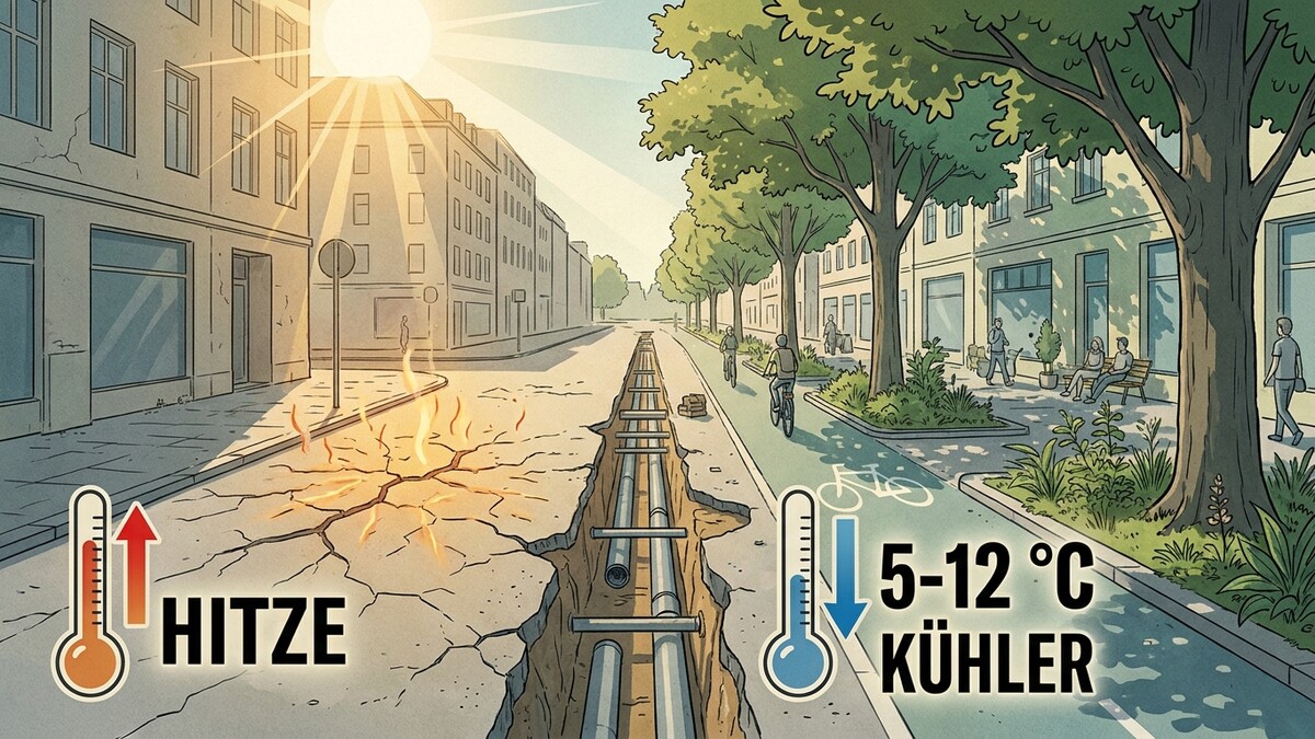 Hitze auf rissigem Asphalt gegenüber von einer Straße mit Bäumen, Radweg und Menschen, 5-12 °C kühler