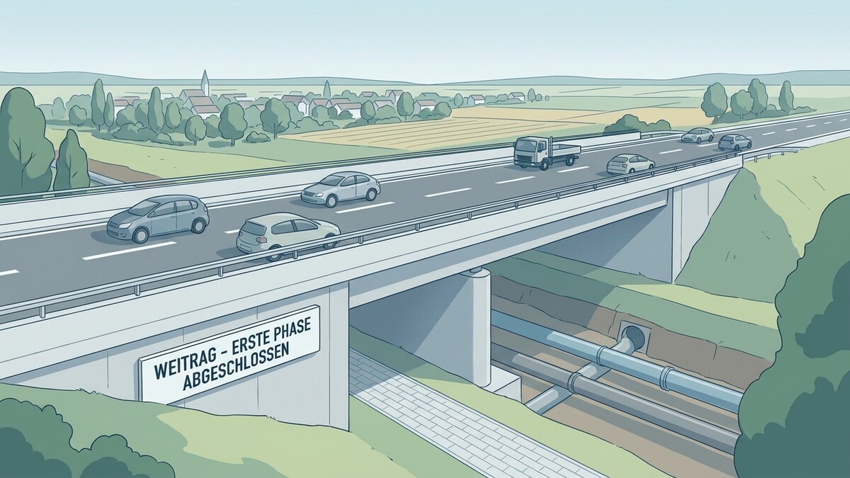 Autobahnbrücke mit Verkehr und darunterliegenden Rohren, Ort: Weitrag