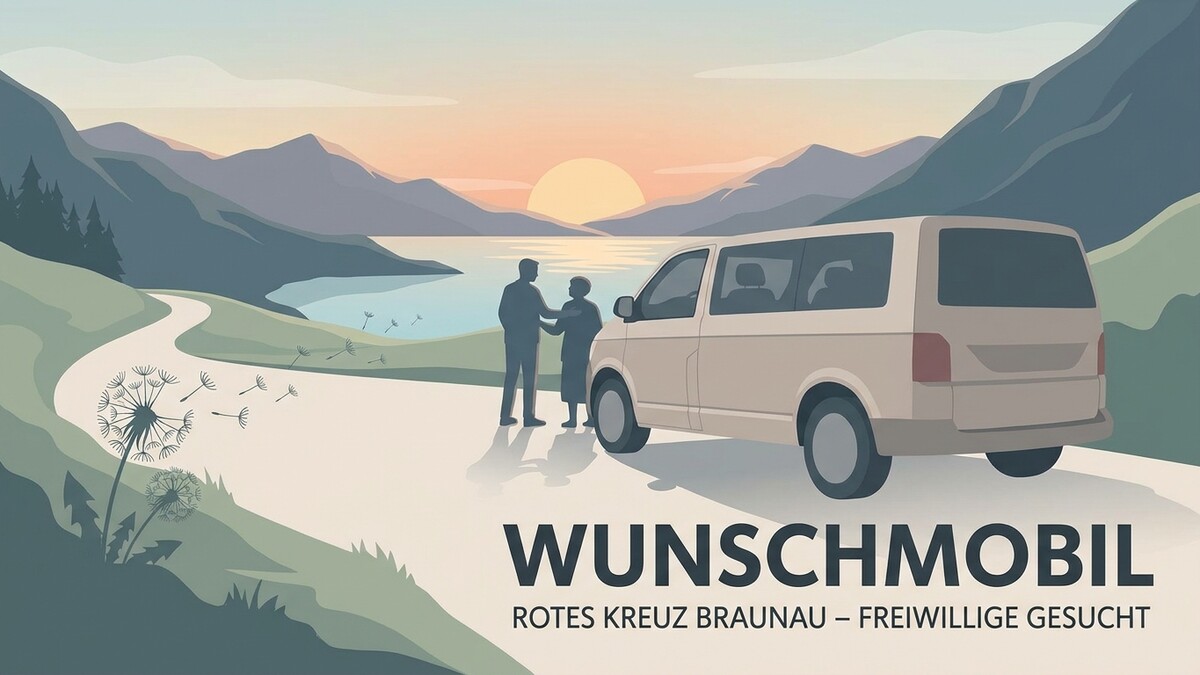 Wunschmobil Rotes Kreuz Braunau: Zwei Personen stehen neben einem Kleinbus mit Bergsee-Panorama.
