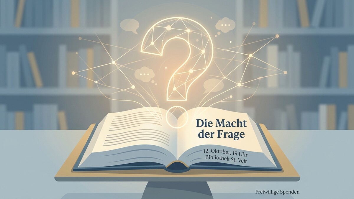 Fragezeichen über offenem Buch in Bibliothek, Veranstaltung "Die Macht der Frage"