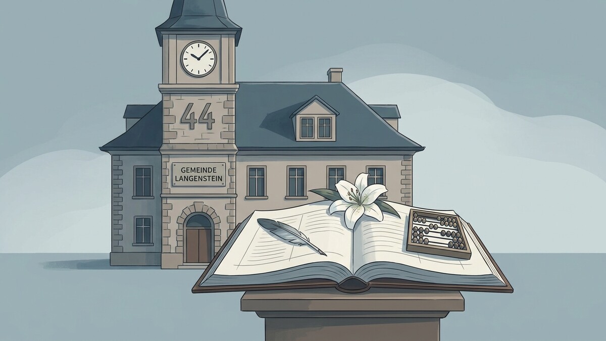 Gemeinde Langenstein: Rathaus mit Uhrturm, offenes Buch mit Feder, Lilie und Abakus