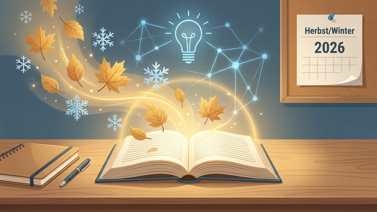 Offenes Buch mit Herbstlaub und Schneeflocken, Kalender Herbst/Winter 2026