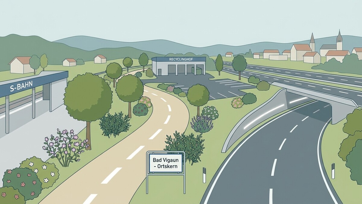 Bad Vigaun Ortskern: S-Bahn, Recyclinghof und Autobahn mit Überführung