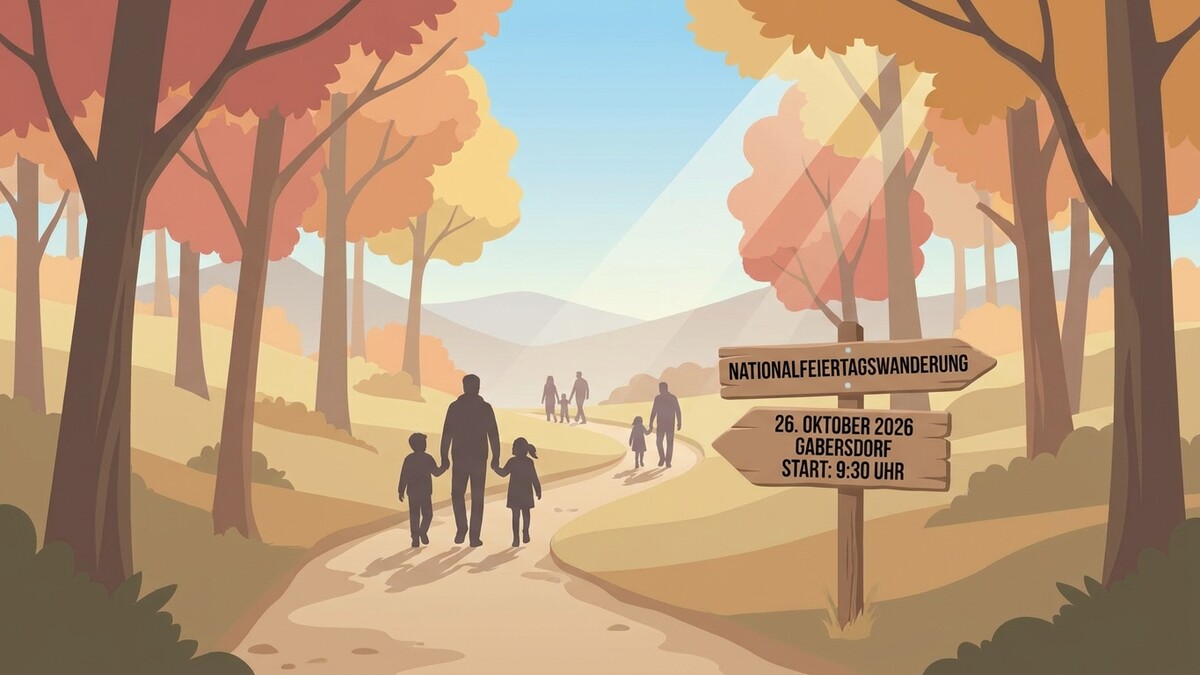 Nationalfeiertagswanderung Gabersdorf am 26. Oktober 2026, Familien spazieren im Herbstwald