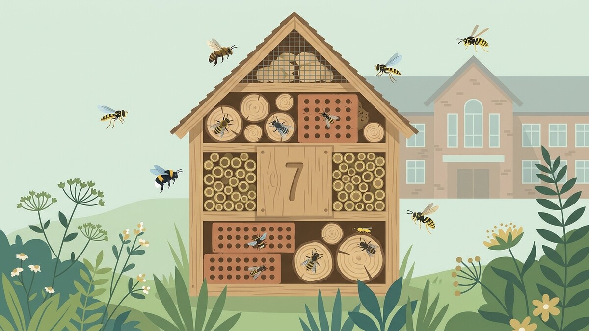 Insektenhotel mit Hummeln und Wespen vor einem Schulgebäude in Österreich