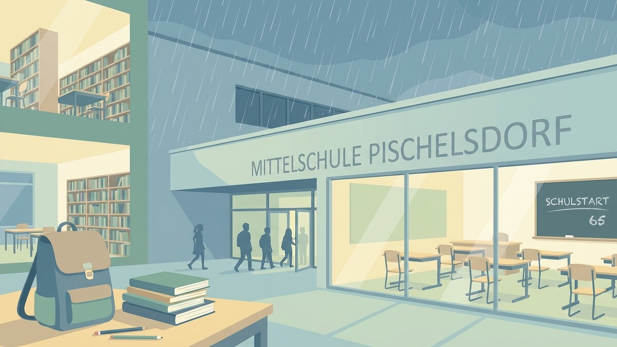 Schulstart in Pischelsdorf bei Regen, Schulrucksack und Bücher vor Bibliothek und Klassenzimmer mit Tafel