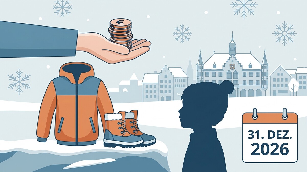 Winterkleidung und Euro-Münzen vor Silhouette eines Kindes und Rathaus