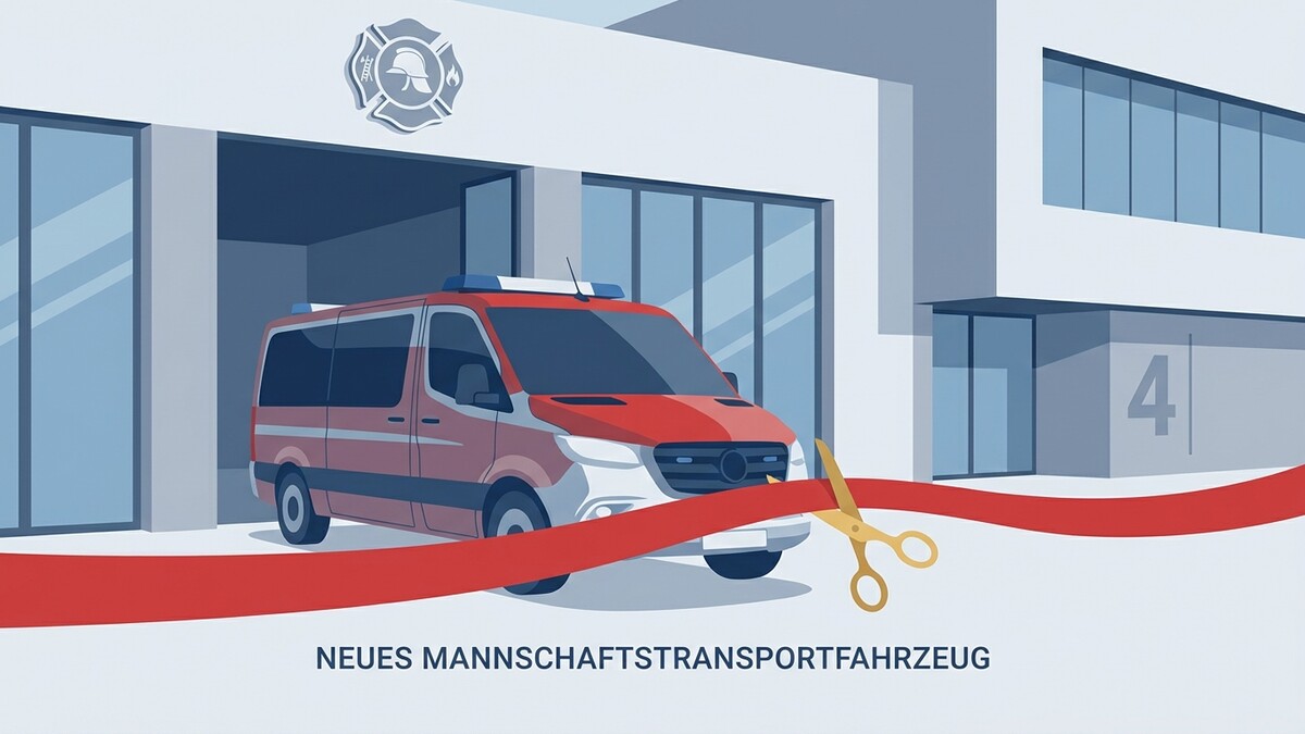 Neues Mannschaftstransportfahrzeug der Feuerwehr wird mit Schere durch rotes Band durchschnitten