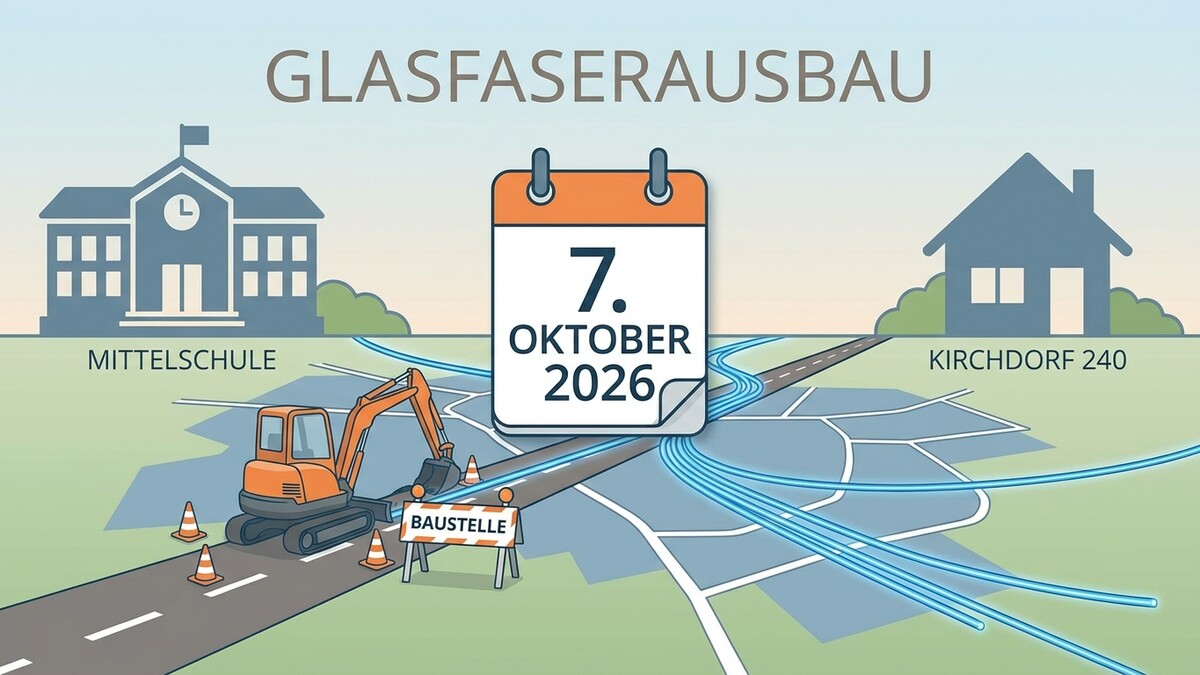Glasfaserausbau mit Bagger an Baustelle und Kalender 7. Oktober 2026 bei Mittelschule und Haus Kirchdorf 240