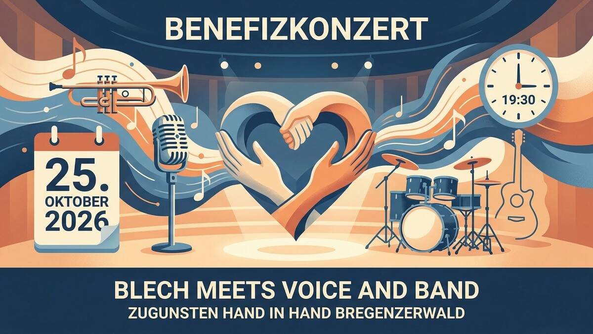 Benefizkonzert am 25. Oktober 2026 in Bregenz mit Trompete, Mikrofon, Schlagzeug und Gitarre
