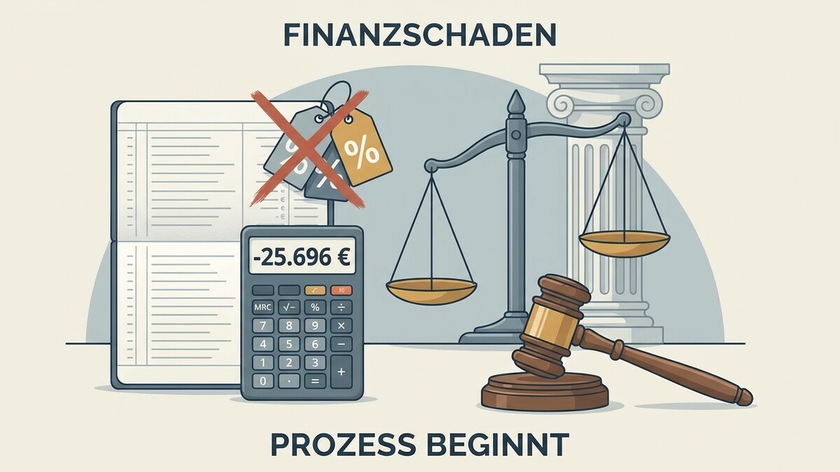 Finanzschaden: Waage, Gesetzhammer, Rechner mit -25.696€, Buchhaltung und durchgestrichene Preisschilder