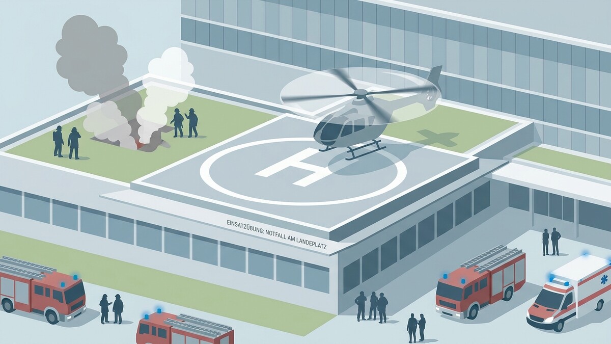 Einsatzübung Notfall am Landeplatz: Hubschrauber, Feuerwehr und Rettung vor Klinik