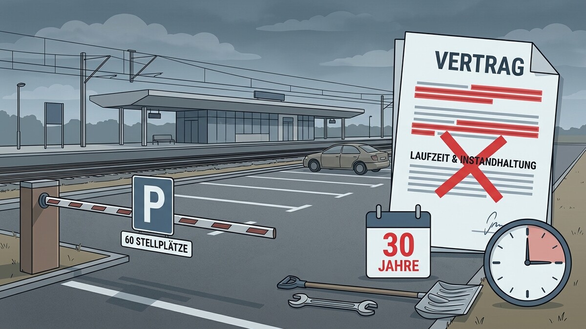 Vertrag mit durchgestrichener Laufzeit und Instandhaltung, Parkplatz mit Schranke, Kalender 30 Jahre und Uhr