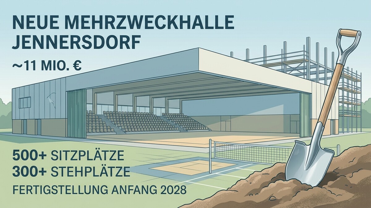 Neubau Mehrzweckhalle Jennersdorf, ~11 Mio. €, 500+ Sitzplätze, 300+ Stehplätze, Fertigstellung Anfang 2028