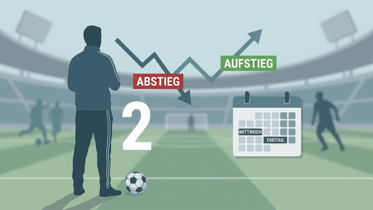 Fußballtrainer mit Kalender und Auf-/Abstiegsdiagramm im Stadion