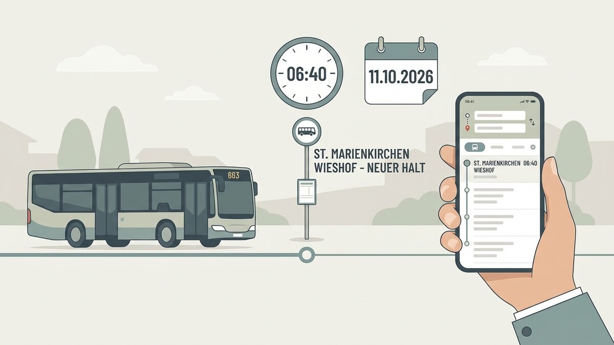Buslinie 663 bei St. Marienkirchen Wieshof mit Fahrplan und Smartphone-Anzeige