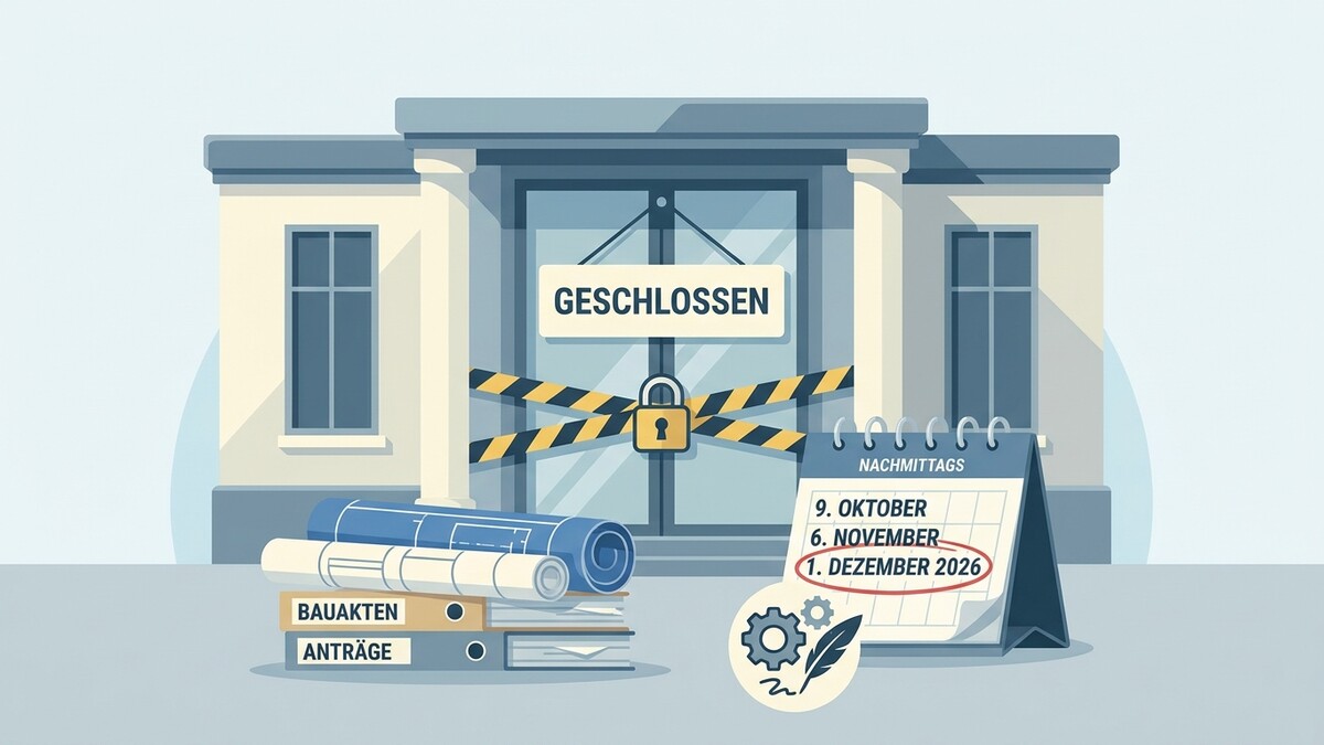 Gebäudefassade mit Schild "GESCHLOSSEN", Absperrband, Kalender mit markiertem 1. Dezember 2026, Bauplänen und Aktenordnern.
