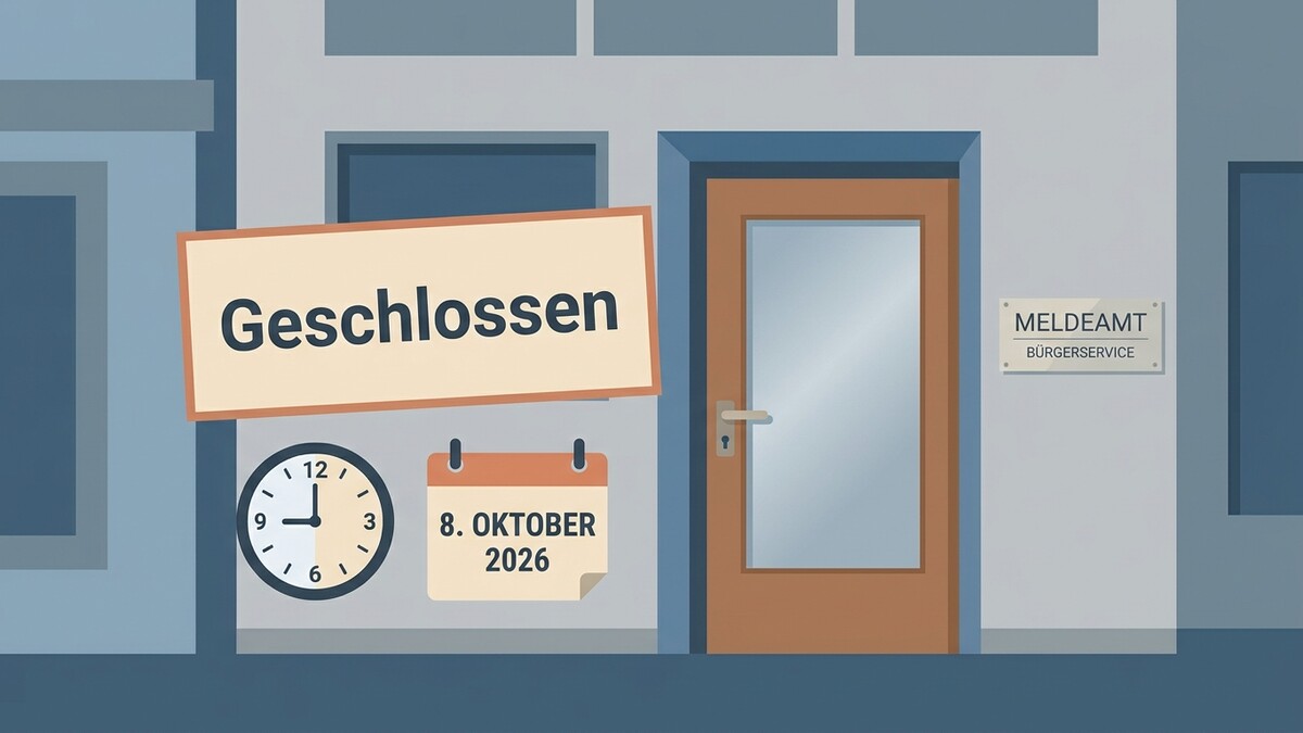 Meldeamt mit Schild "Geschlossen", Kalenderblatt 8. Oktober 2026 und Uhr