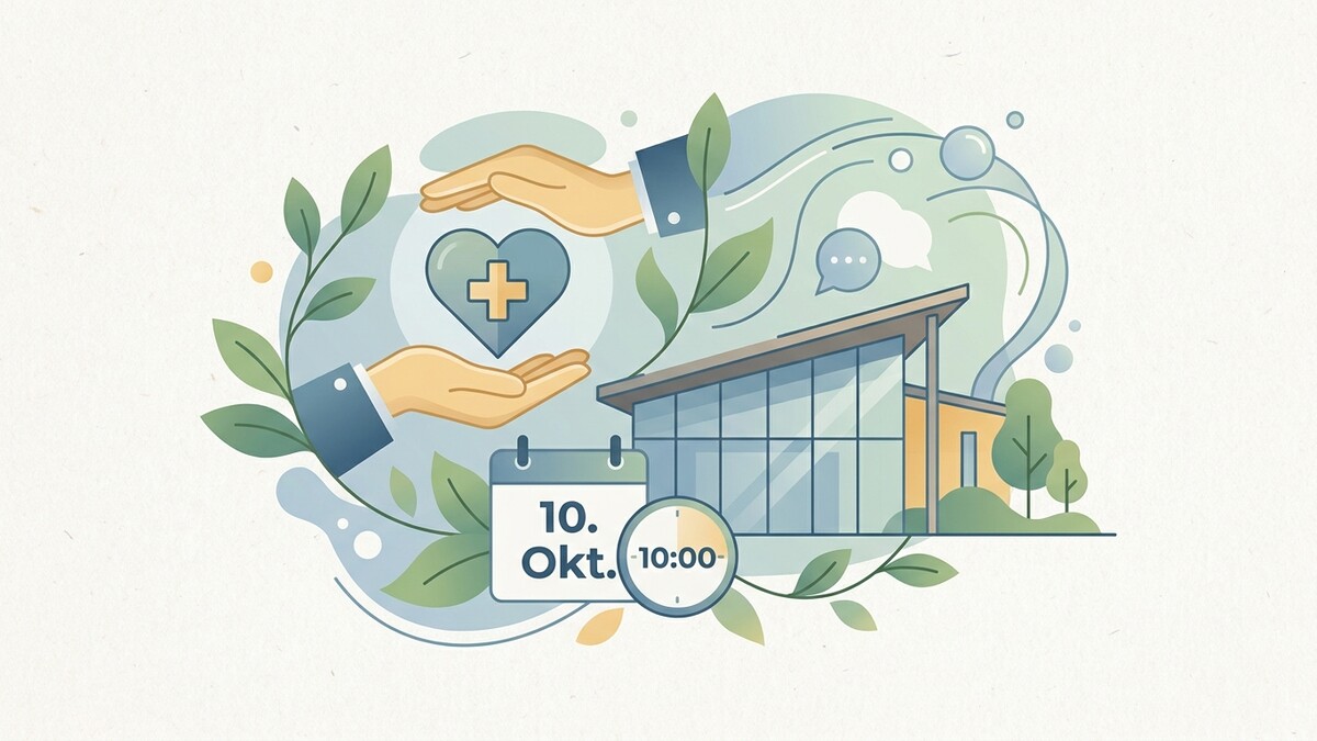 Gesundheitssymbol mit Händen, Kalender 10. Okt. und Gebäude