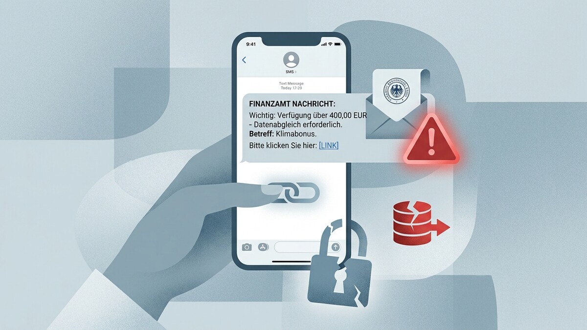 Finanzamt Nachricht: Warnung vor Phishing-SMS mit Klimabonus-Betrugsmasche, gesperrtes Schloss.