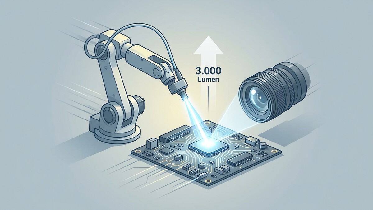 Roboterarm beleuchtet Chip auf Platine mit 3.000 Lumen, daneben eine Kamera.