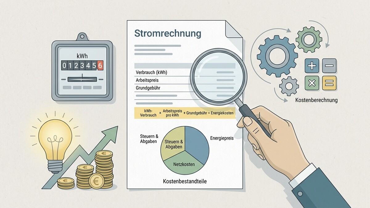 Stromrechnung mit Lupe und Kostenzusammensetzung, Stromzähler, Glühbirne, Münzen, Zahnräder und Rechenoperationen