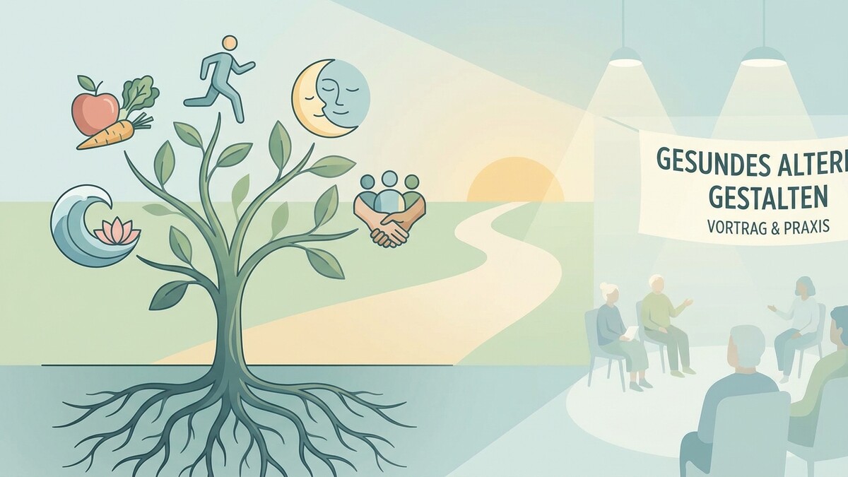 Gesundes Altern gestalten: Baum mit Symbolen für Ernährung, Bewegung und Gemeinschaft vor Publikum
